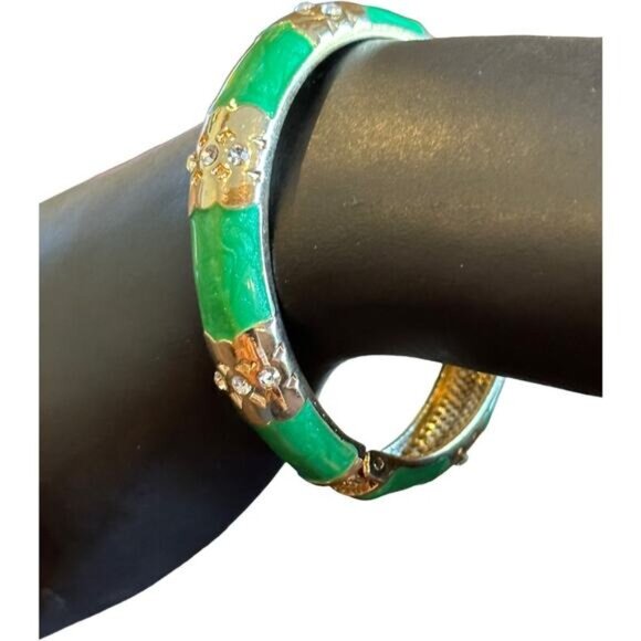 Vintage Green Enamel & Gold Tone Hinged Bangle Bracelet With Rhinestone Floral D - Picture 2 of 7